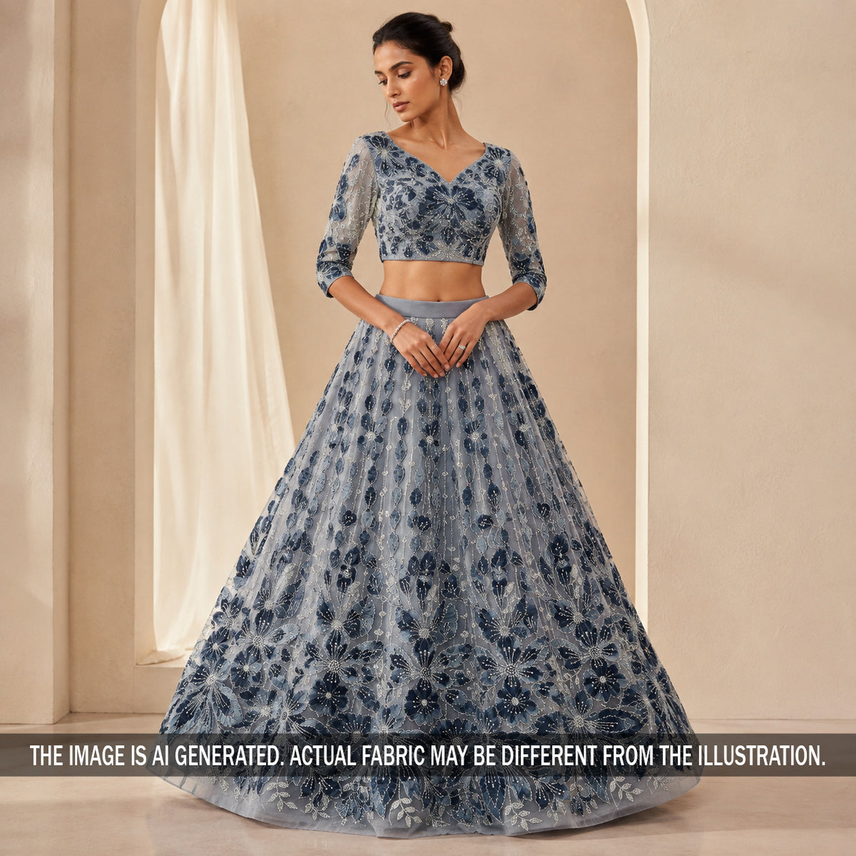 Imported Cut Dana Pearls Embroidered Applique work Net Fabric - F7268
