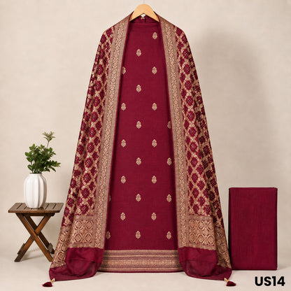 Maroon Pure Raw Silk Unstitched Suit Set - US14