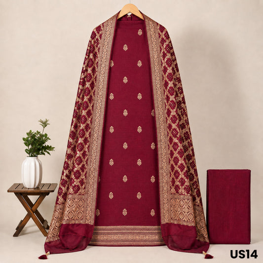 Maroon Pure Raw Silk Unstitched Suit Set - US14