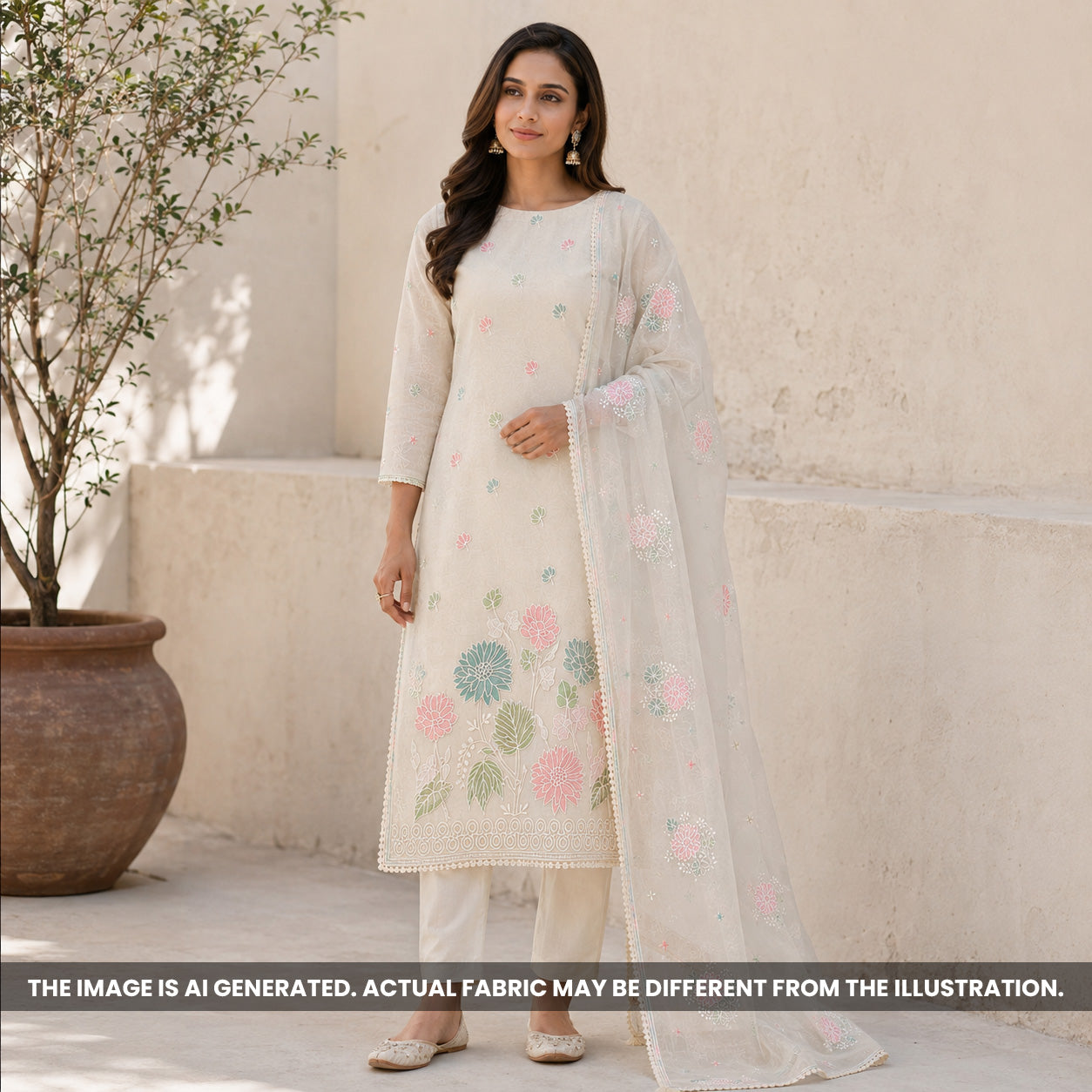 Cream Mul Chanderi Unstitched Suit Set - US12