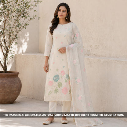 Cream Mul Chanderi Unstitched Suit Set - US12