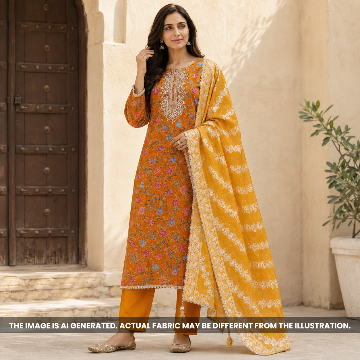 Mustard Yellow Dola Silk Embroidered Unstitched Suit Set - US13