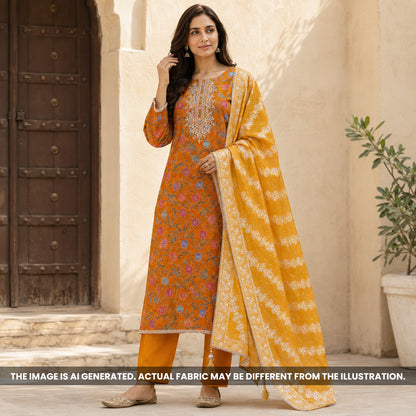 Mustard Yellow Dola Silk Embroidered Unstitched Suit Set - US13