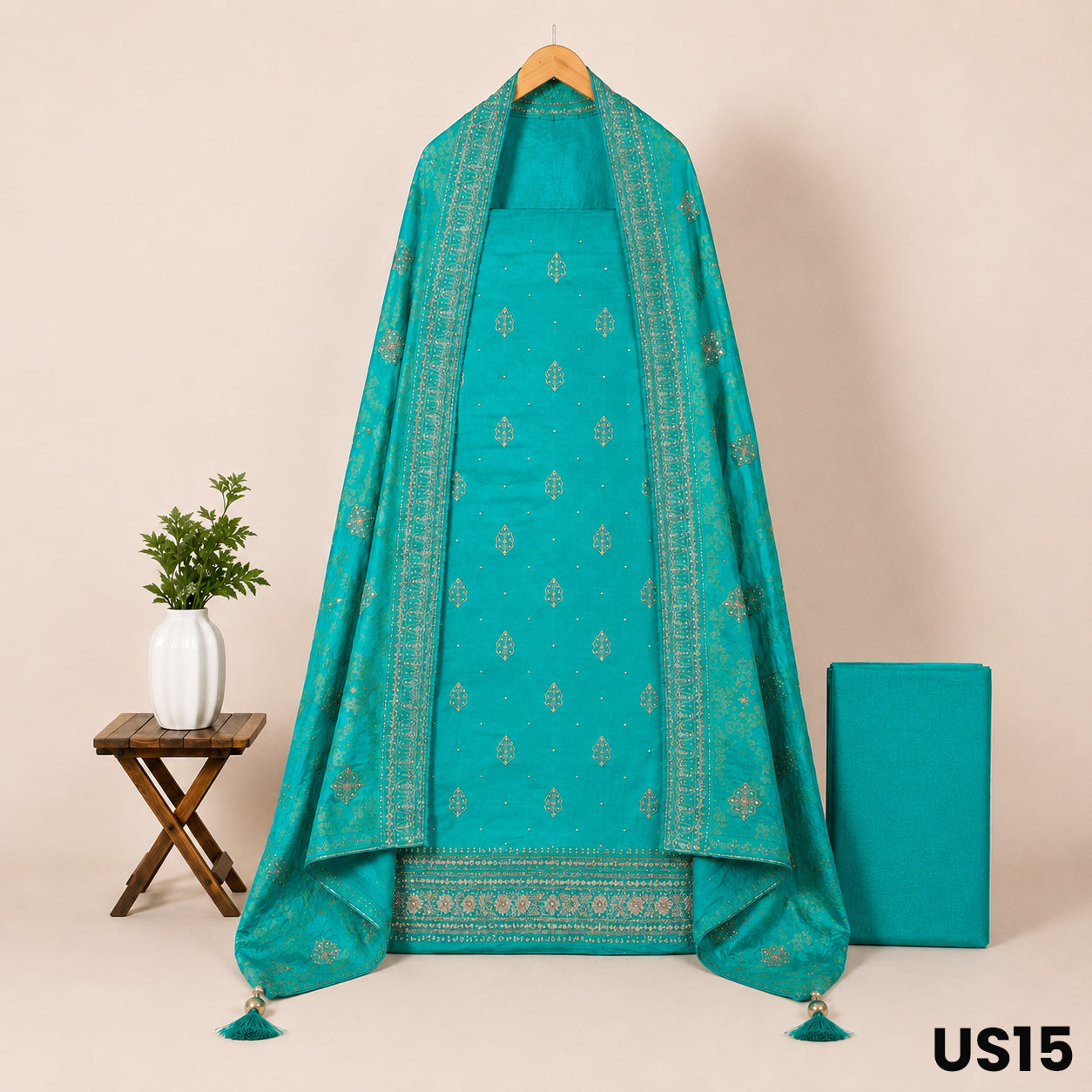 Turquoise Green Dola Silk Unstitched Suit Set - US15