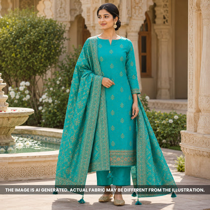 Turquoise Green Dola Silk Unstitched Suit Set - US15