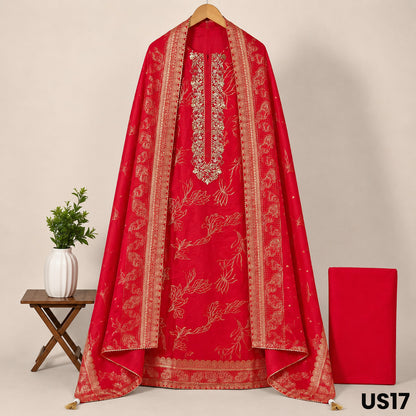 Red Dola Silk Unstitched Suit Set - US17