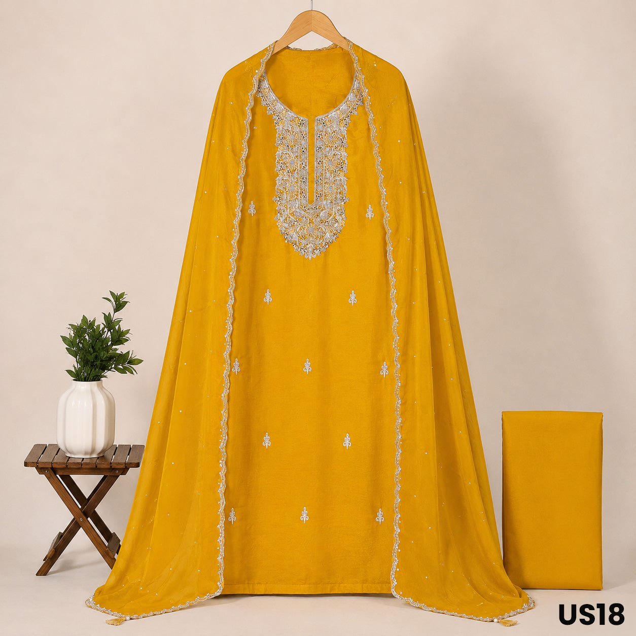 Mustard Yellow Chinnon Chiffon Unstitched Suit Set - US18