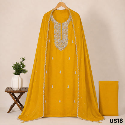 Mustard Yellow Chinnon Chiffon Unstitched Suit Set - US18