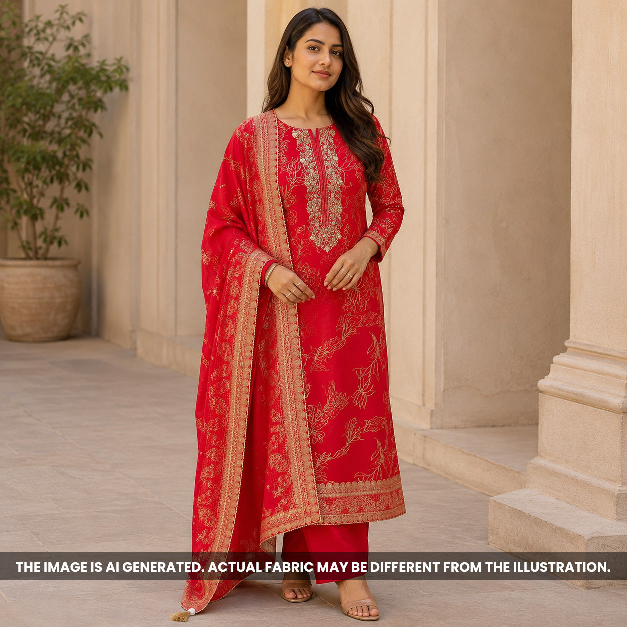 Red Dola Silk Unstitched Suit Set - US17