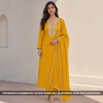 Mustard Yellow Chinnon Chiffon Unstitched Suit Set - US18