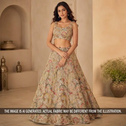 Cut Dana Zari Thread Sequins Embroidered Net Fabric - F7318