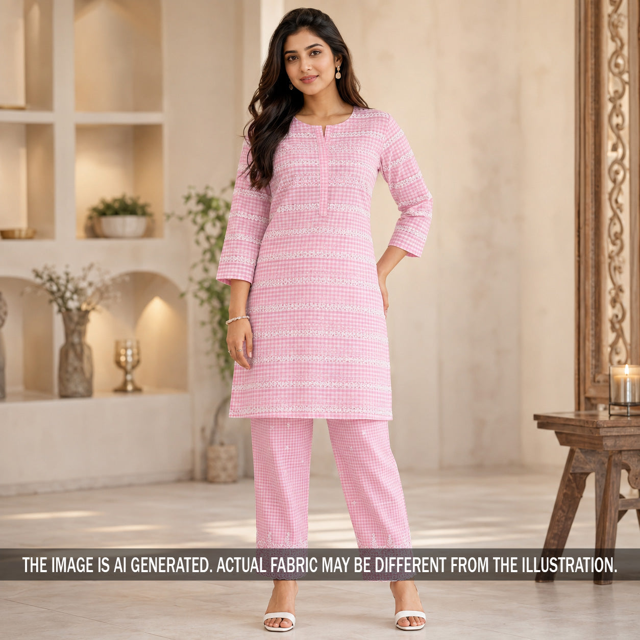 Check Thread Embroidered Cambric Cotton Fabric - F7158