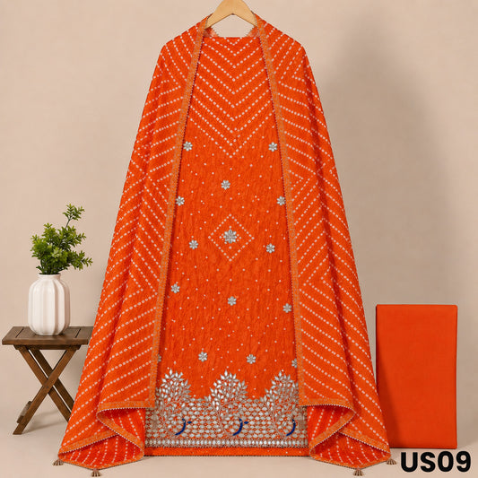 Orange Bandhani Print Upada Silk Unstitched Suit Set - US09