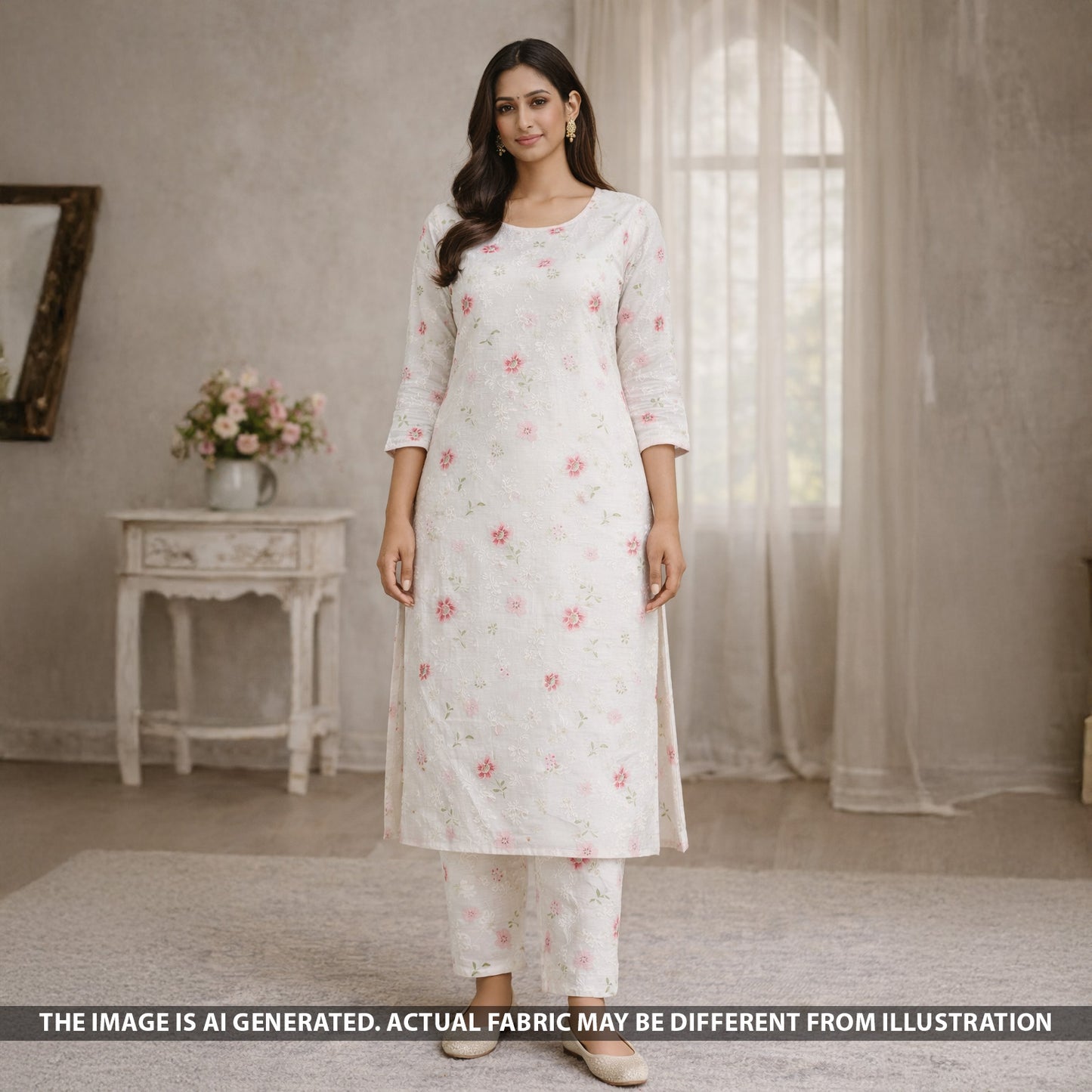 Thread Embroidered Linen Fabric - F5429