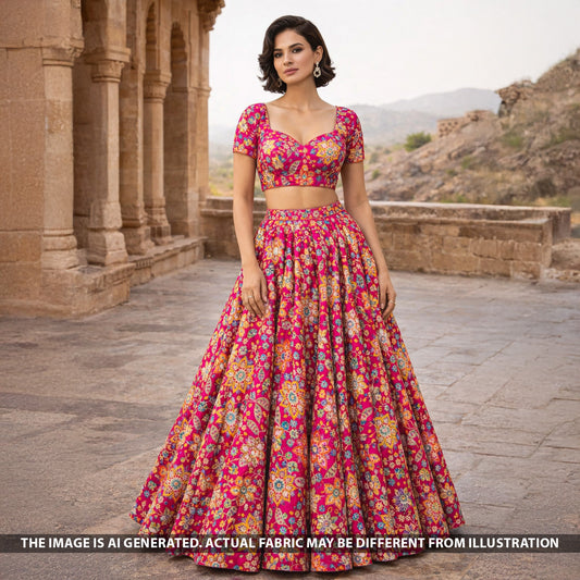 Positional Print Zari Sequins Faux Mirror Embroidered Crepe Fabric - F5507