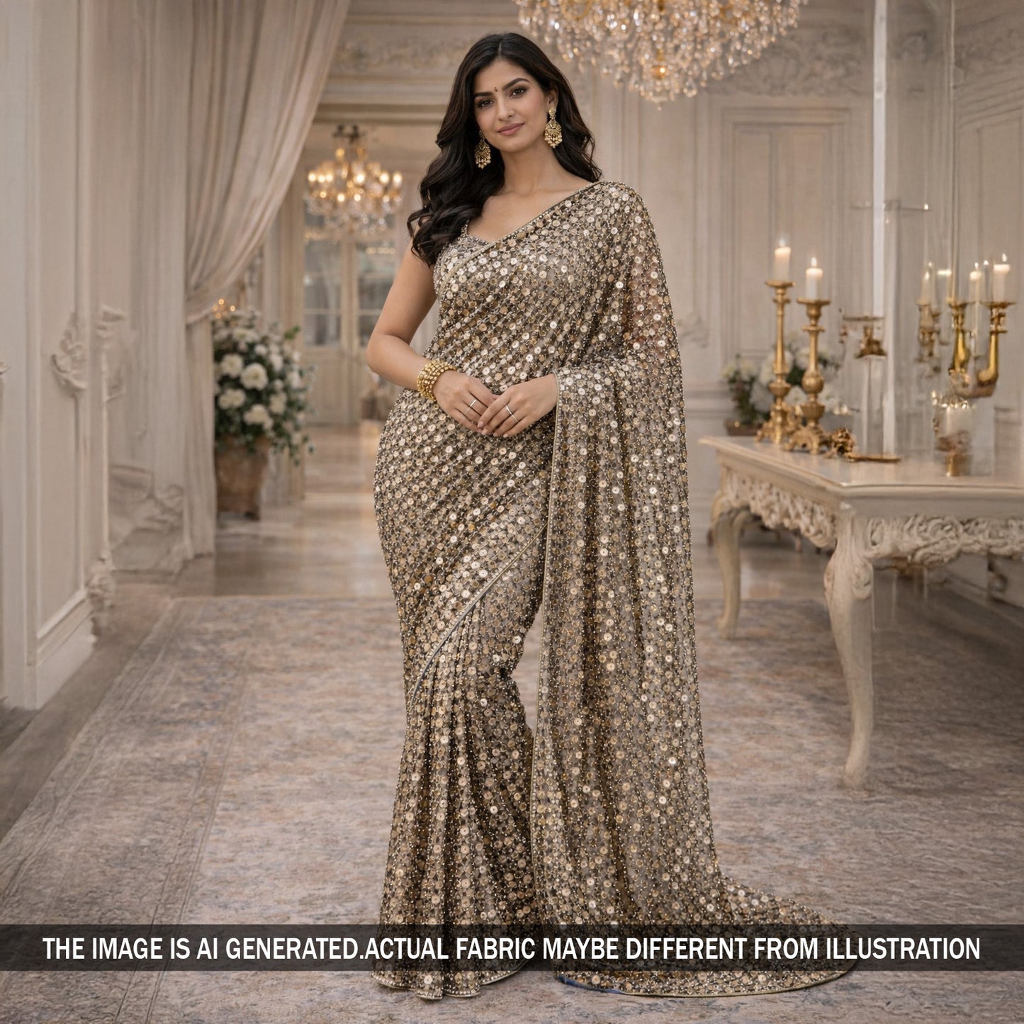 Zari Sequins Fancy Cut Work Fabric - F5908