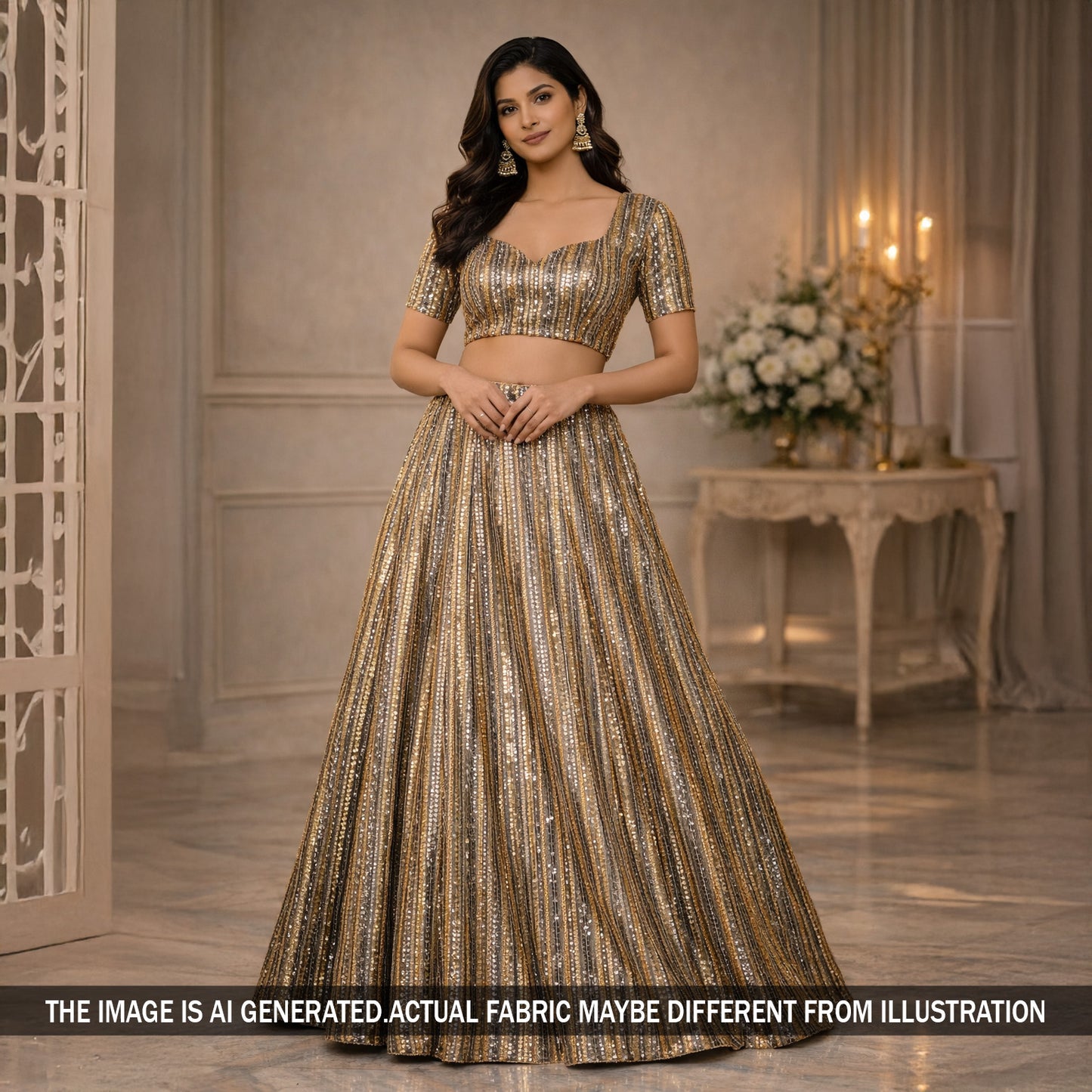 Thread Sequins Embroidered Georgette Fabric - F5912