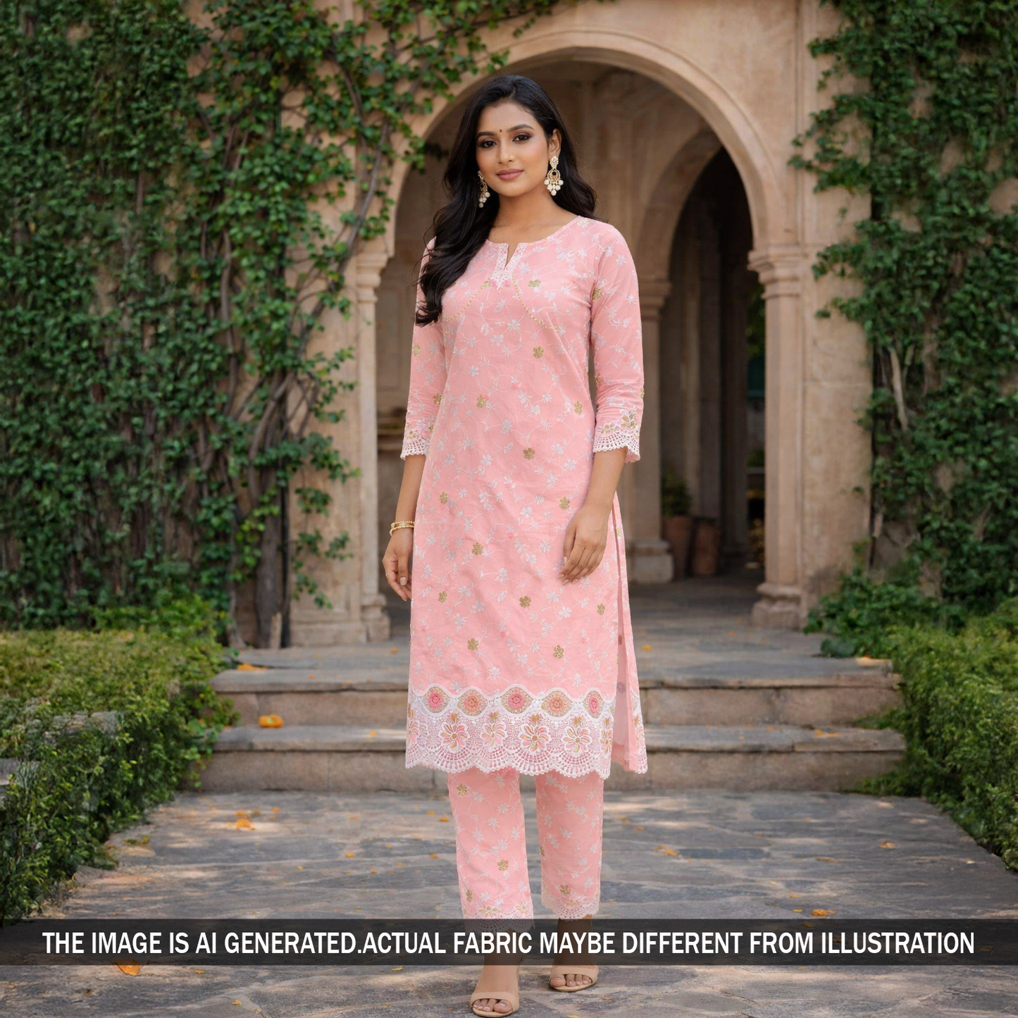 Thread Embroidered Lace Work Cambric Cotton Fabric - F5957