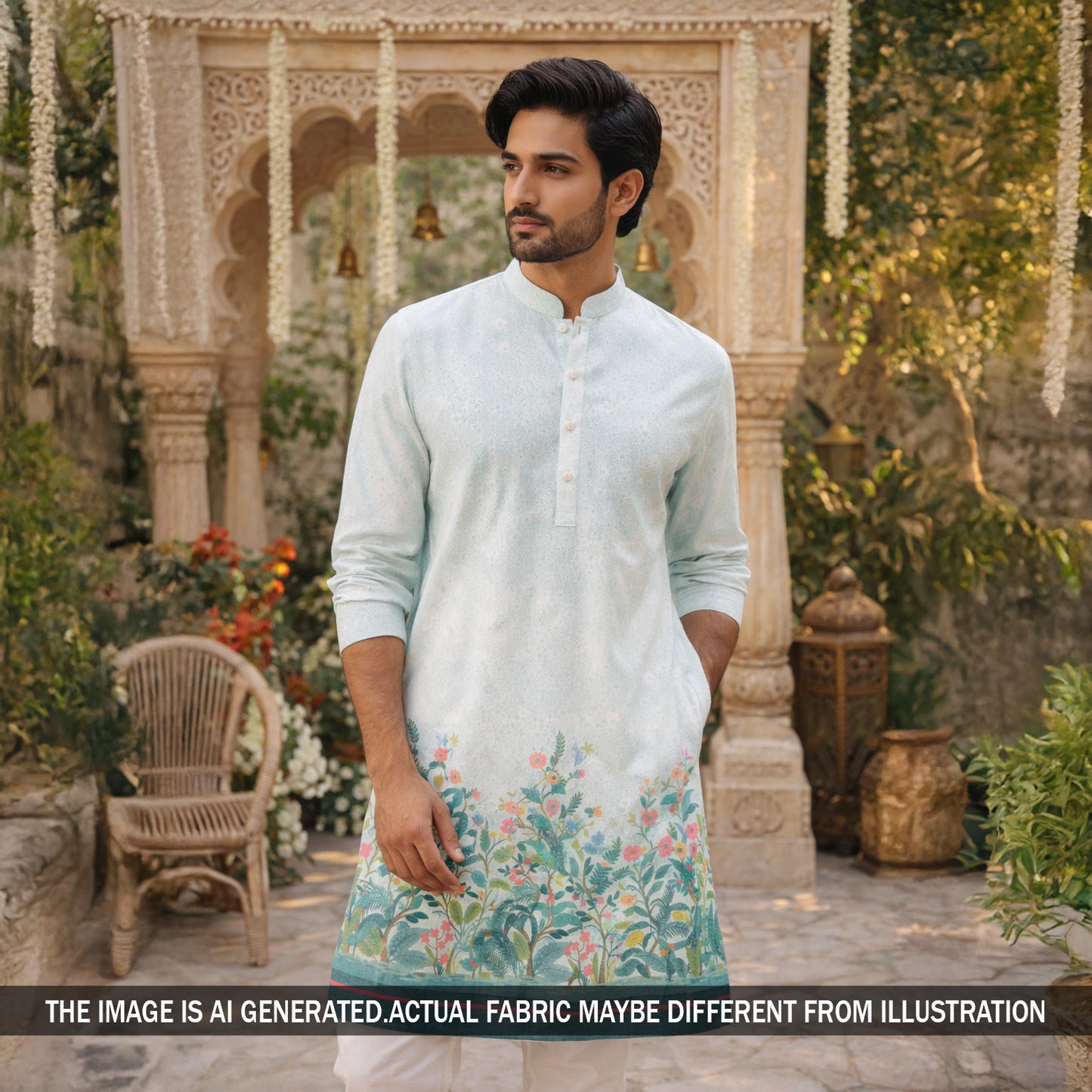 Digital Print Chikankari Sequins Work Cotton Fabric - F5835