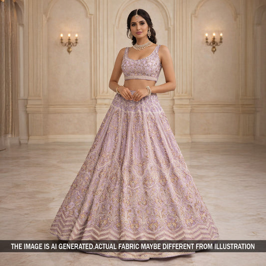 Faux Mirror Thread Zari Sequins Embroidered Georgette Fabric - F5844