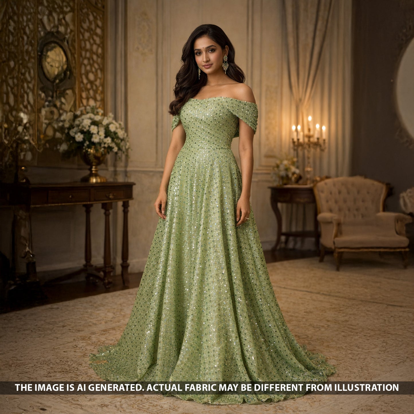 Dew Drops Pasted Mukaish Work Georgette Fabric - F5624