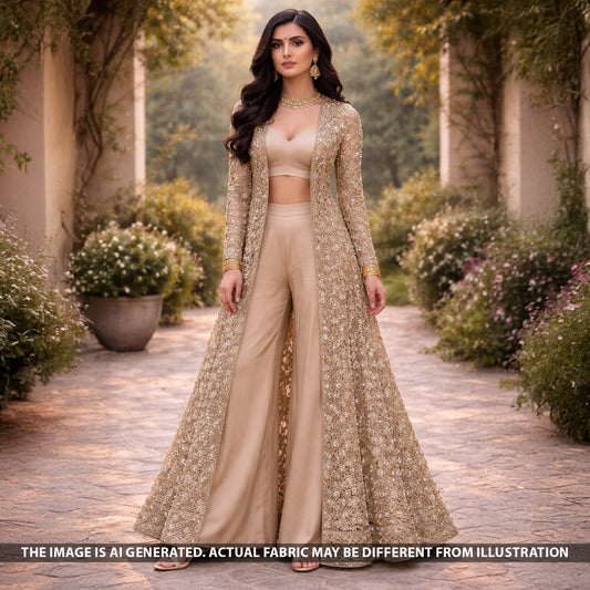 Zari Sequins Faux Mirror Fancy Cut Work Fabric - F5706