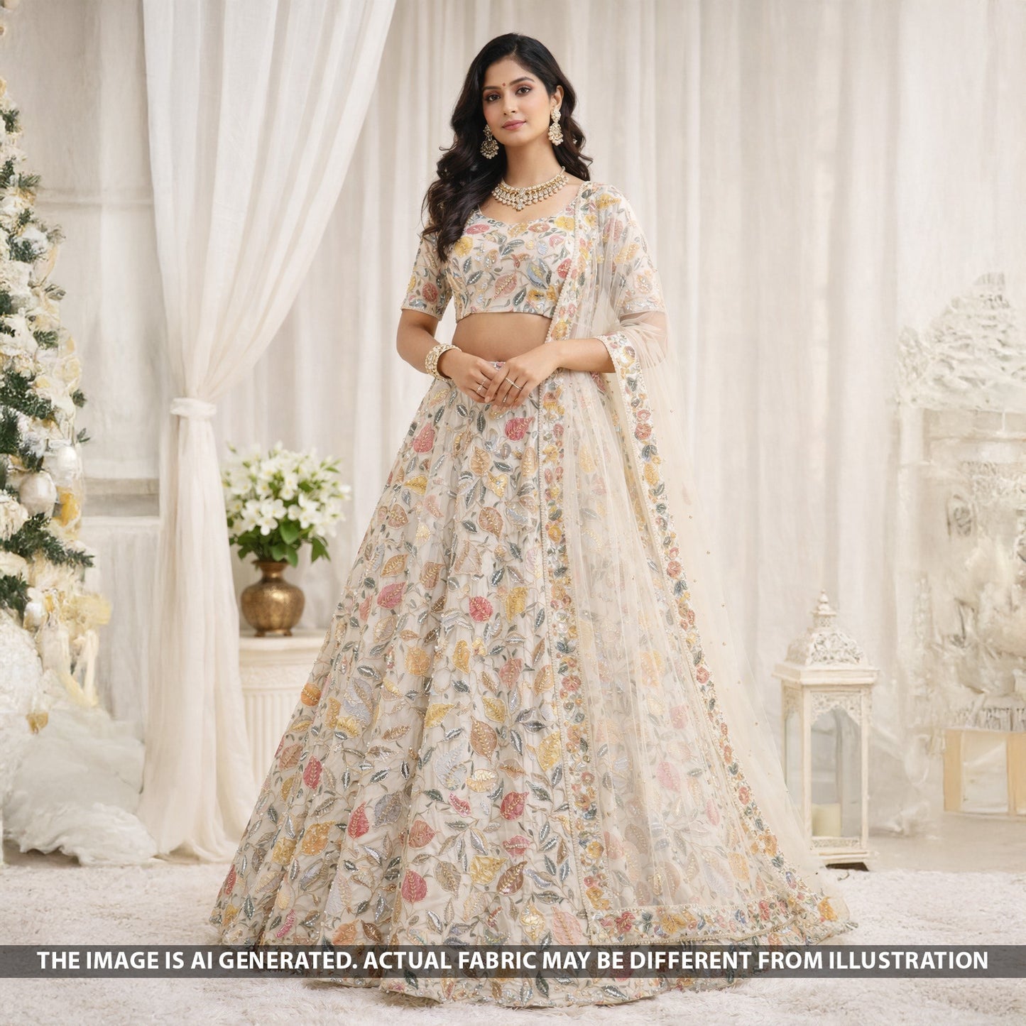 Dyeable Cut dana Zari Sequins Thread Embroidered Shimmer Tissue Fabric - F5603