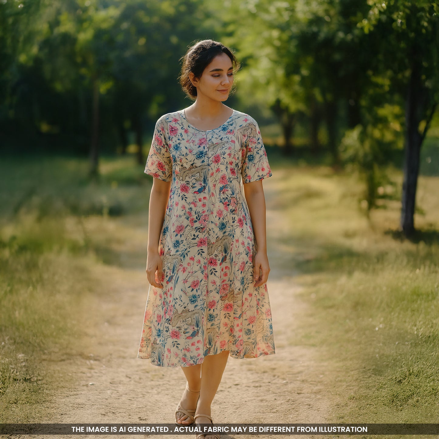 Flower Print Tussar Silk Fabric- F4518