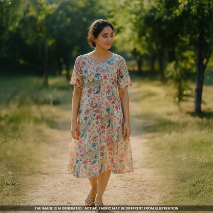 Flower Print Tussar Silk Fabric- F4518