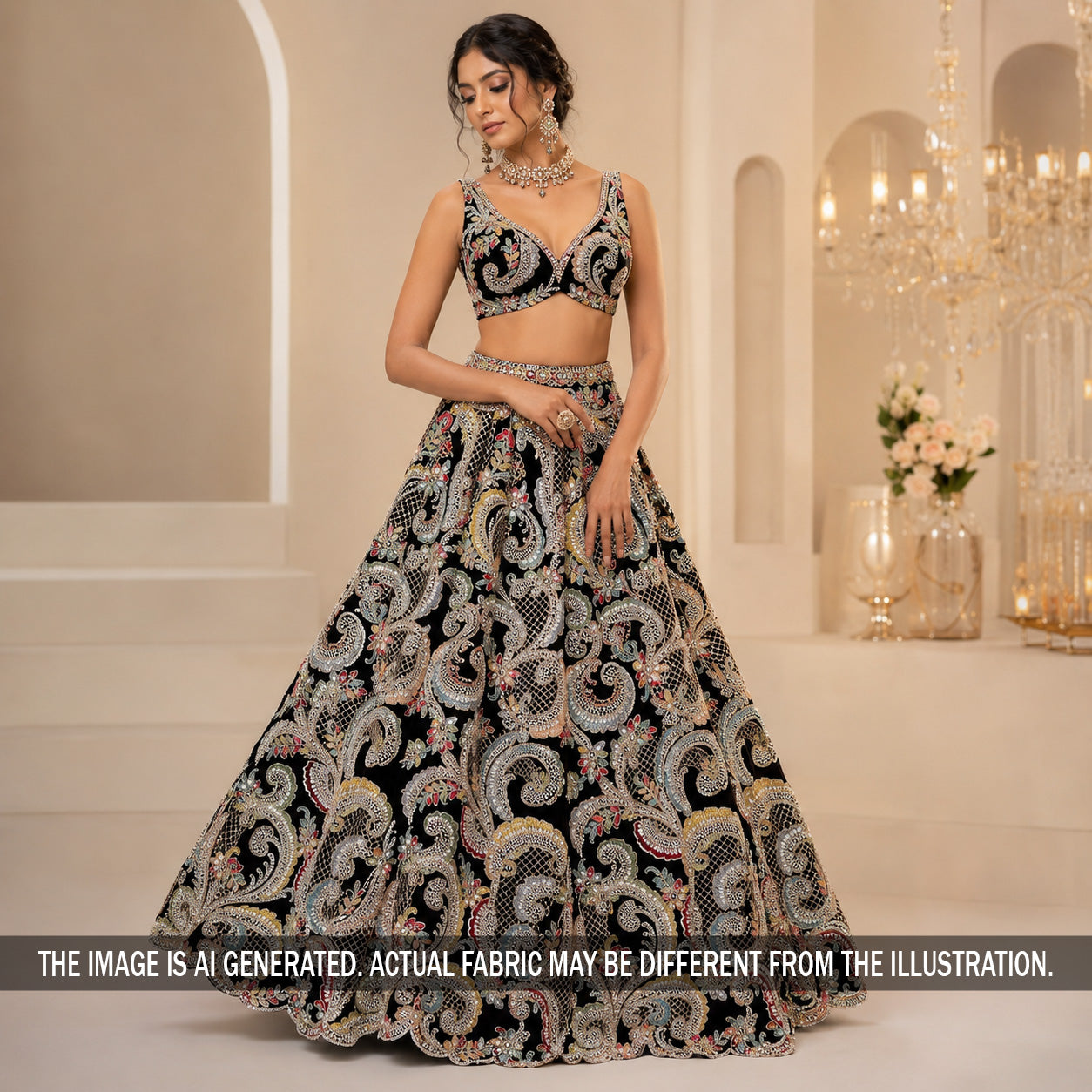 Cut Dana Thread Zari Sequins Embroidered Georgette Fabric - F7103