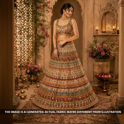 Cut Dana Thread Zari Sequins Pearl Mirror Work Net Fabric - F6833