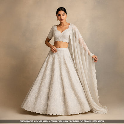 Dyeable Cut Work Thread Sequins Embroidered Organza Fabric- F4190