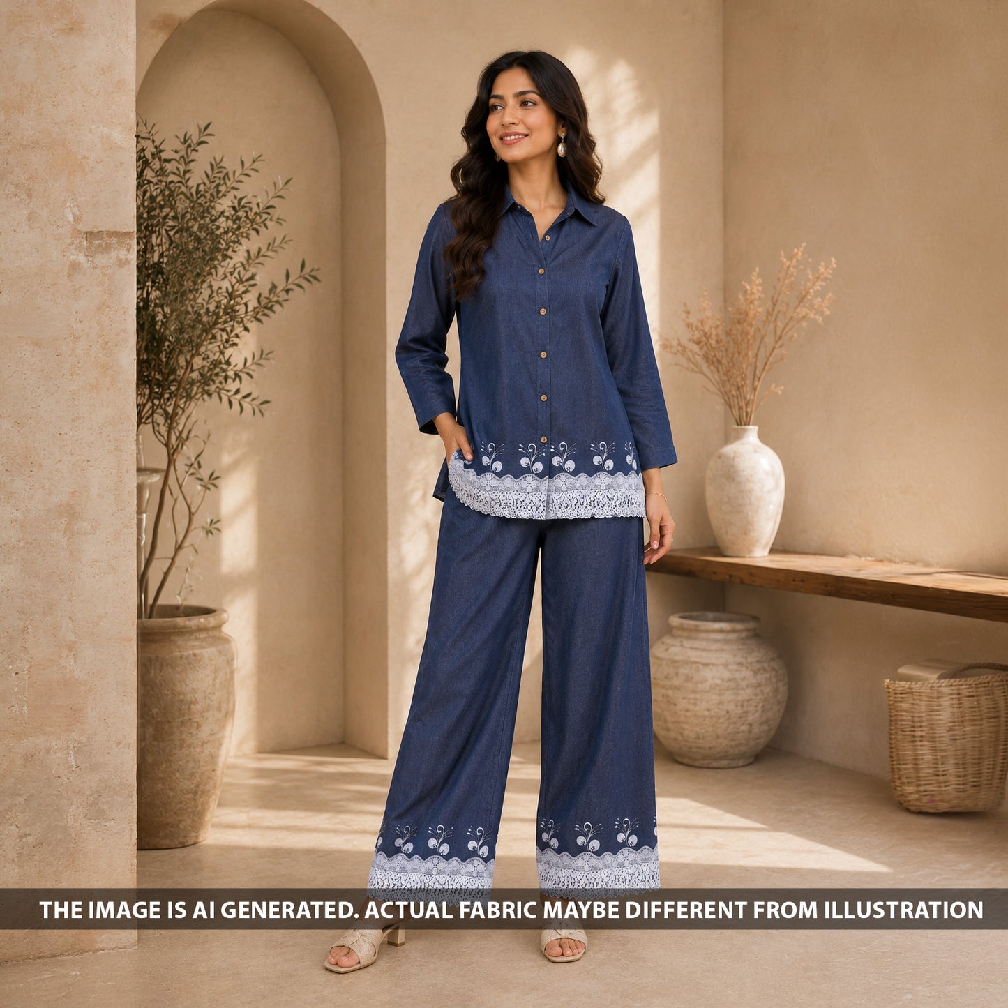 Thread Lace Work Denim Cotton Fabric - F6894