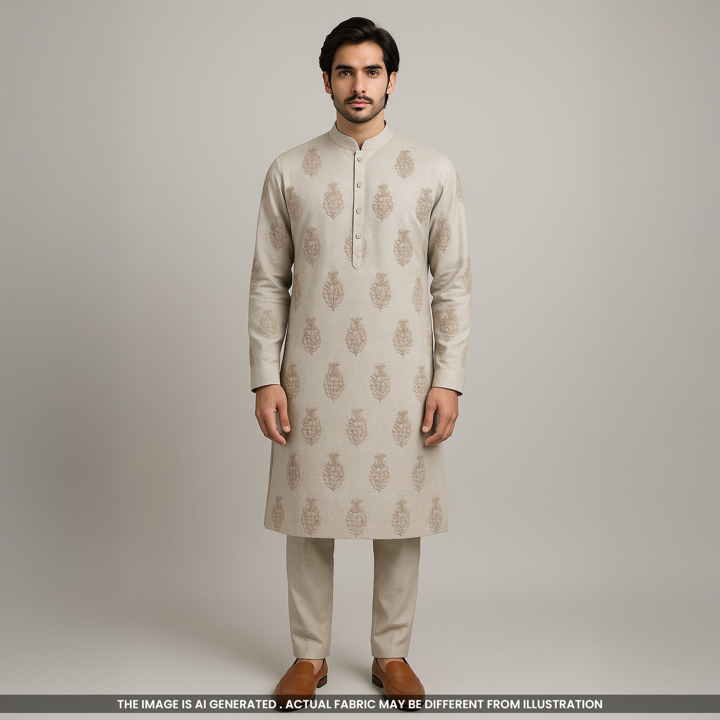 Thread Embroidered Pure Linen Cotton Fabric- F4019