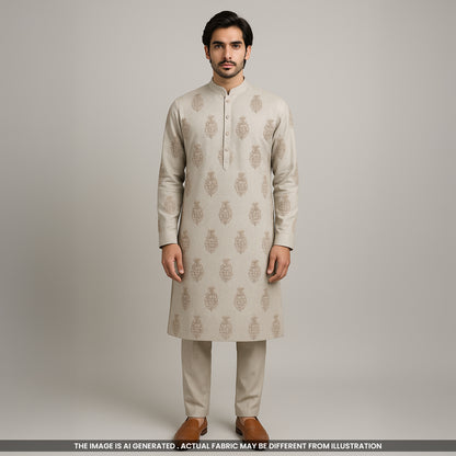 Thread Embroidered Pure Linen Cotton Fabric- F4019