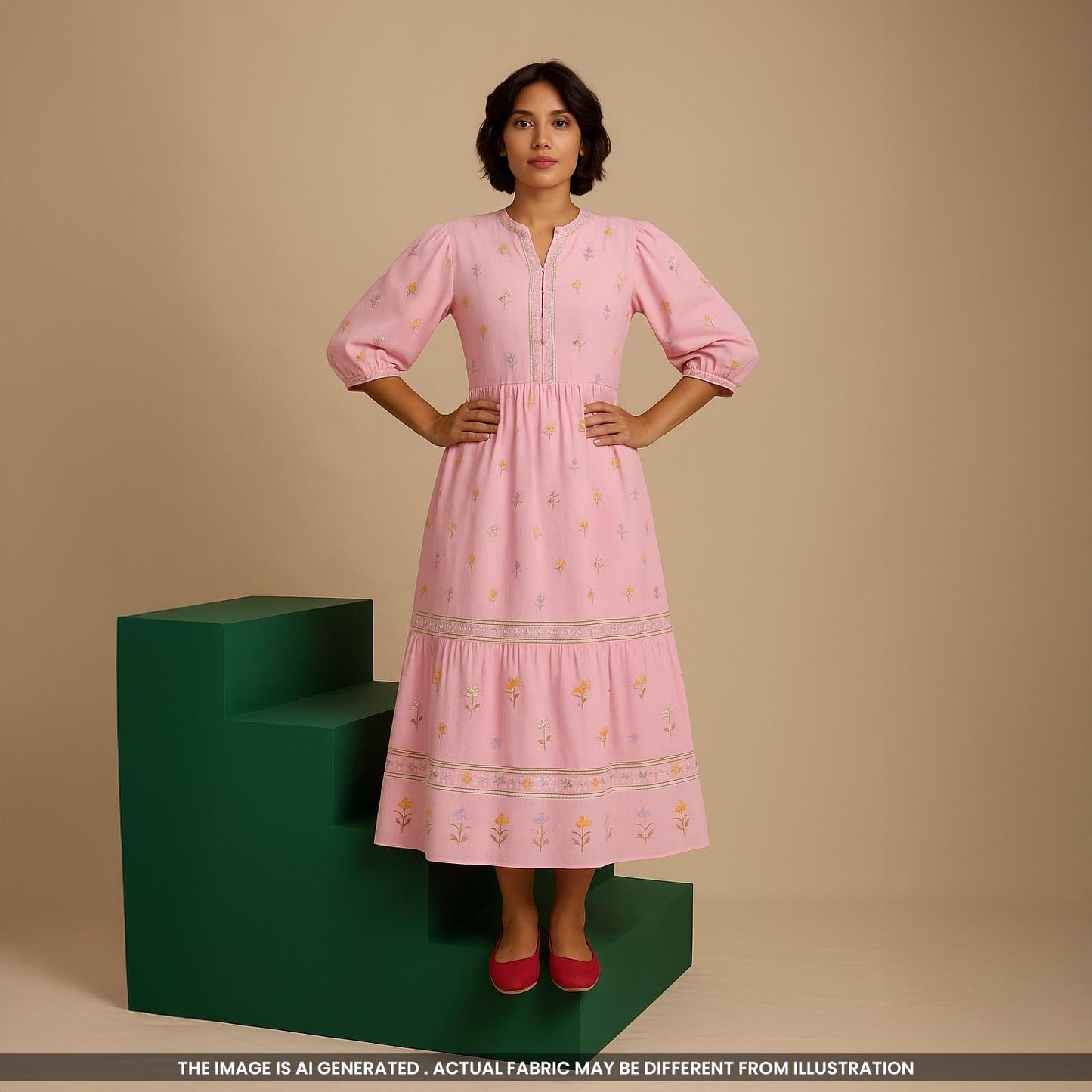 Thread Embroidered Cambric Cotton Fabric- F4058