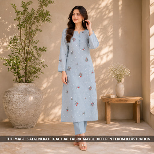 Thread Embroidered Mul Chanderi Fabric - F6786