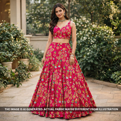 Positional Print Zari Sequins Mirror & Stone Work Chinnon Chiffon Fabric - F6267