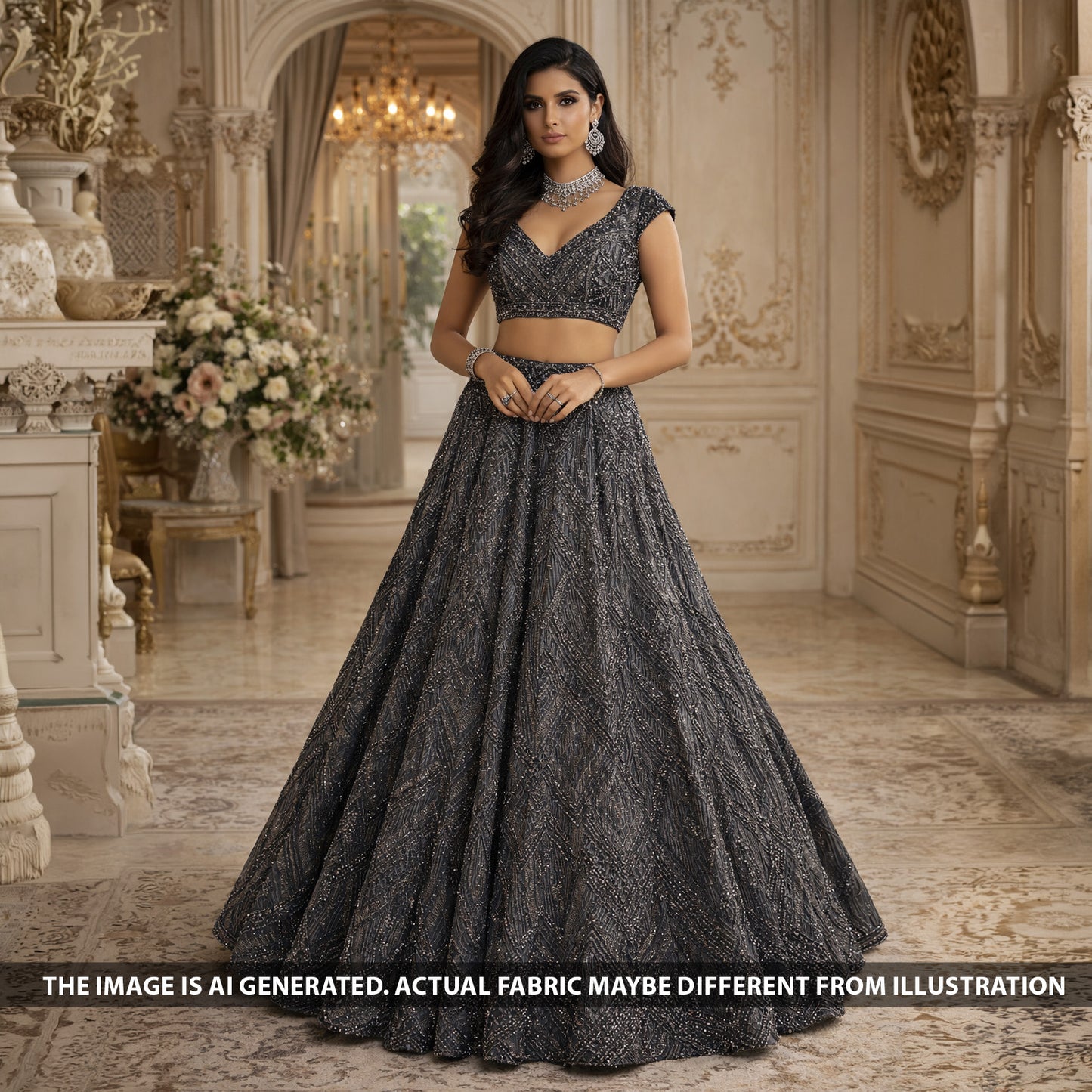 Cut Dana Sequins Pearl Embroidered Net Fabric - F6000