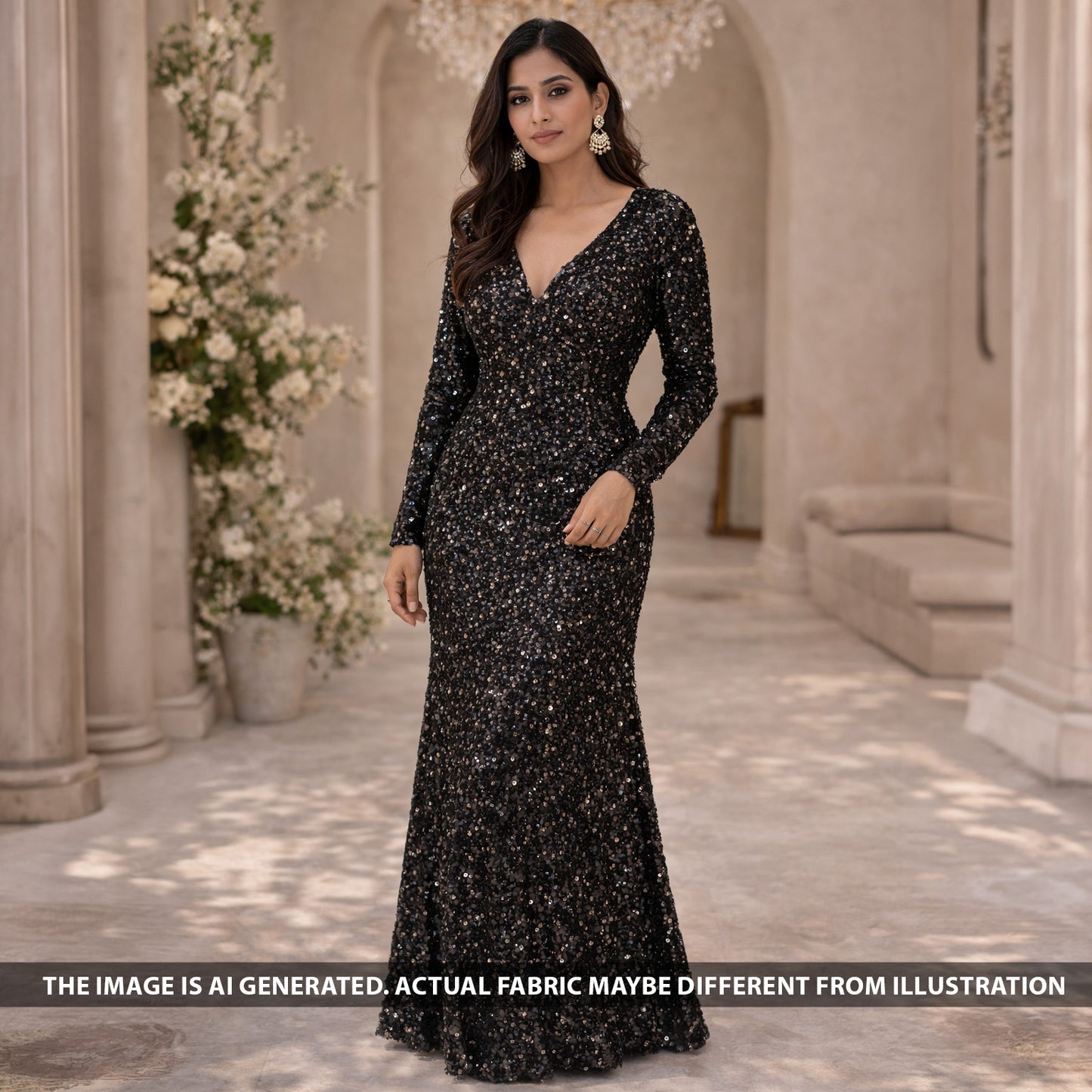 Sequins Embroidered Lycra Net Fabric - F6042