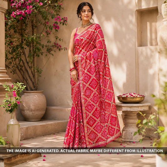 Zari Work Bandhani Print Dola Silk Fabric - F6502