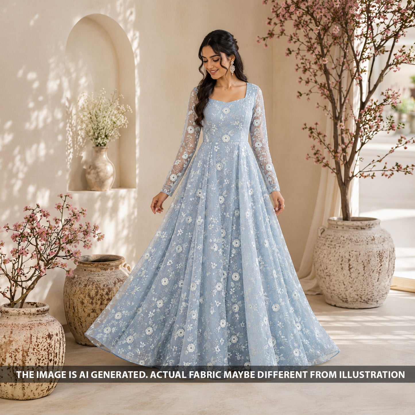 Thread Embroidered Applique Work Cambric Cotton Fabric - F6639