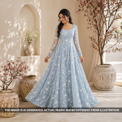 Thread Embroidered Applique Work Cambric Cotton Fabric - F6639