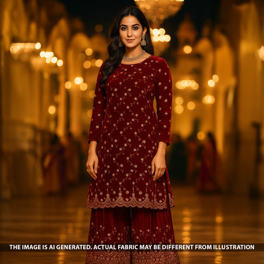 Zari Sequins Embroidered Wrinkled Velvet Fabric - F5237