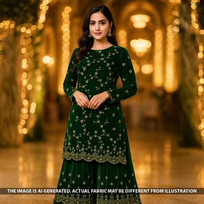 Zari Sequins Embroidered Wrinkled Velvet Fabric - F5238