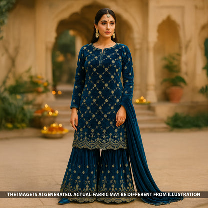 Zari Sequins Embroidered Wrinkled Velvet Fabric - F5242