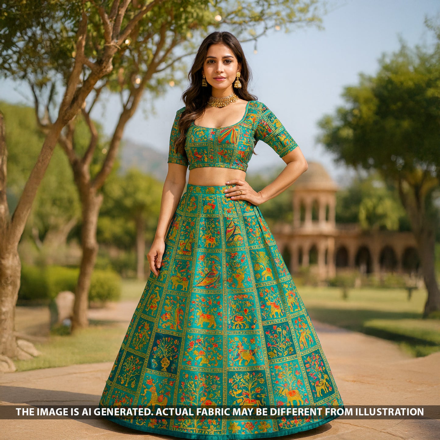 Zari Work Positional Print Jacqard Dola Silk Fabric - F5246