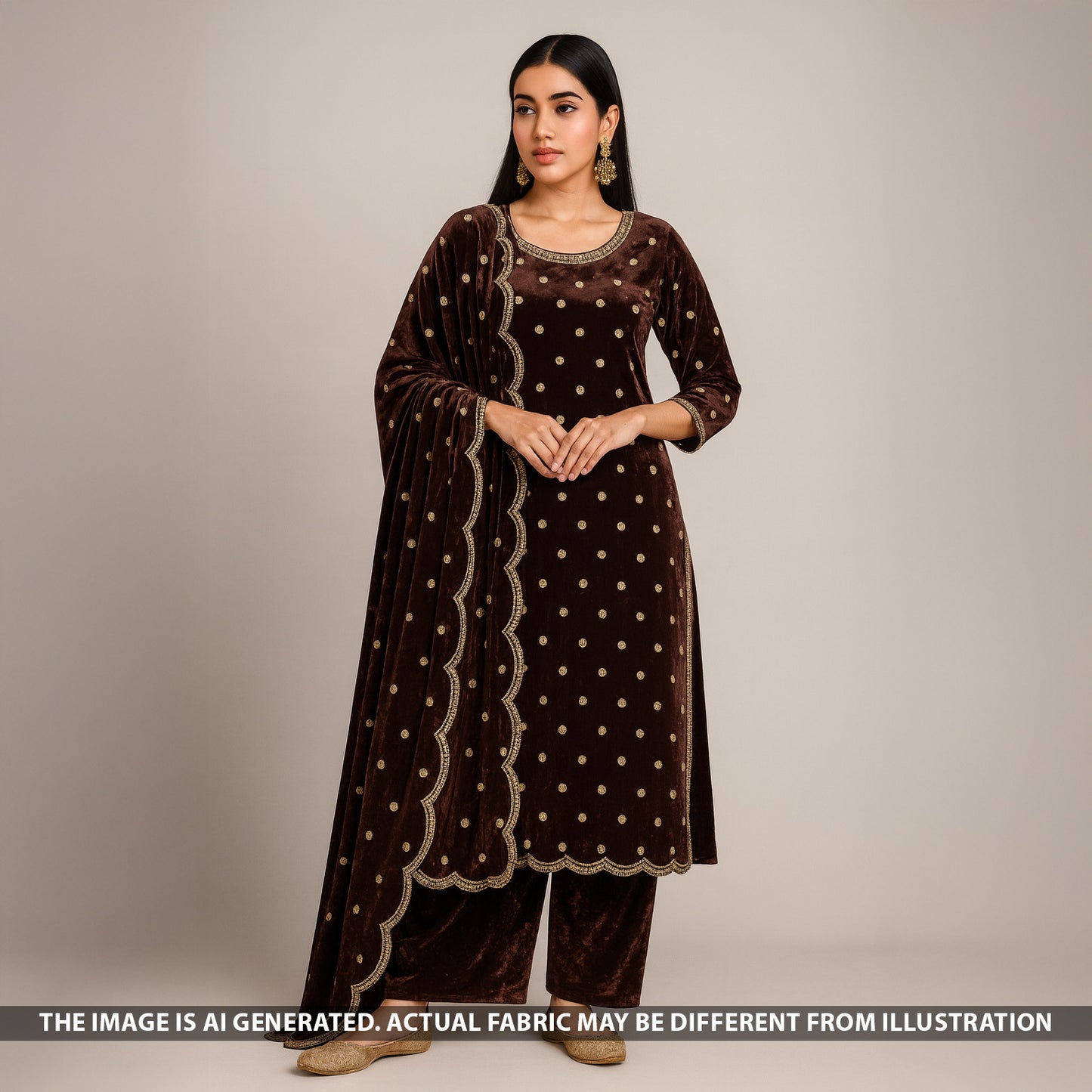 Zari Sequins Embroidered Wrinkled Velvet Fabric - F5266