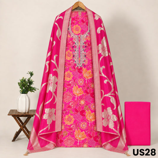 Rani Pink Upada Silk Unstitched Suit Set - US28
