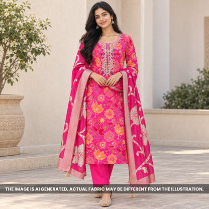Rani Pink Upada Silk Unstitched Suit Set - US28